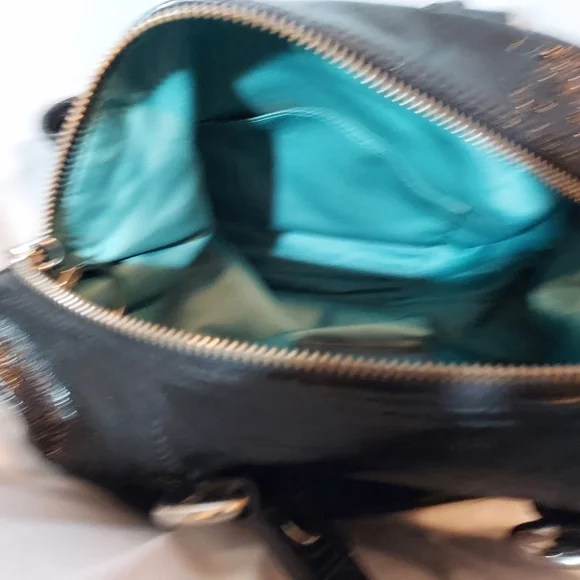 Coach Poppy Black Patent Leather Satchel With Silver Hardware And Teal Lining - Picture 6 of 12